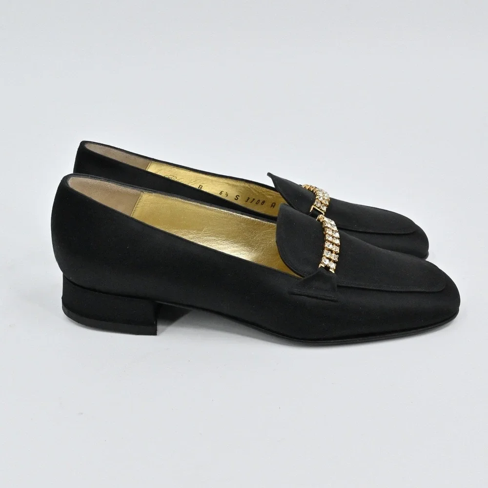 Bruno Magli Crystal Satin Loafers Womens Size 6.5 Black Evening Vintage Italy‎
